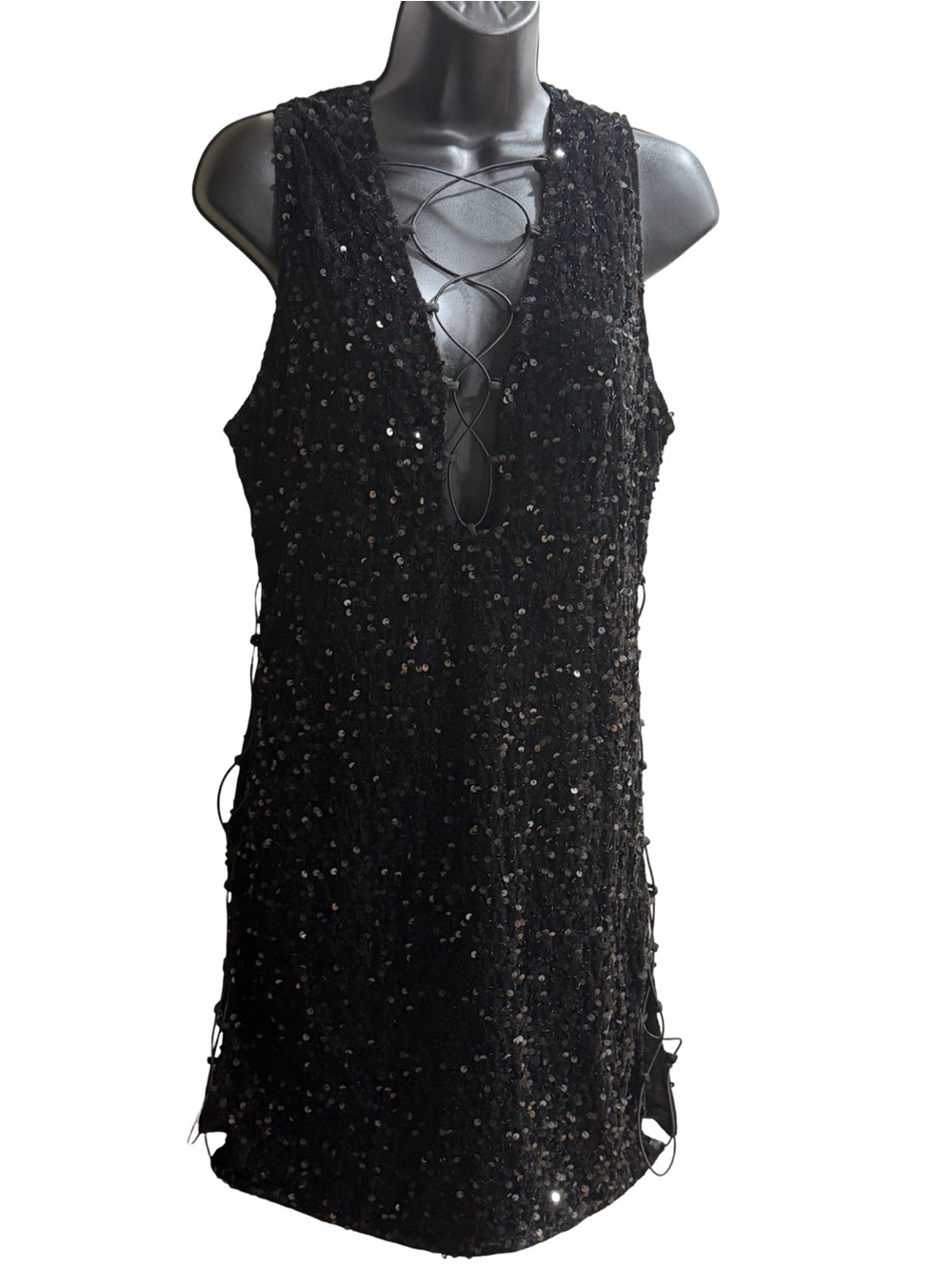 Fashion Nova Sabrina Sequin Mini Dress Black XL Lace Up Cutout Party NWOT